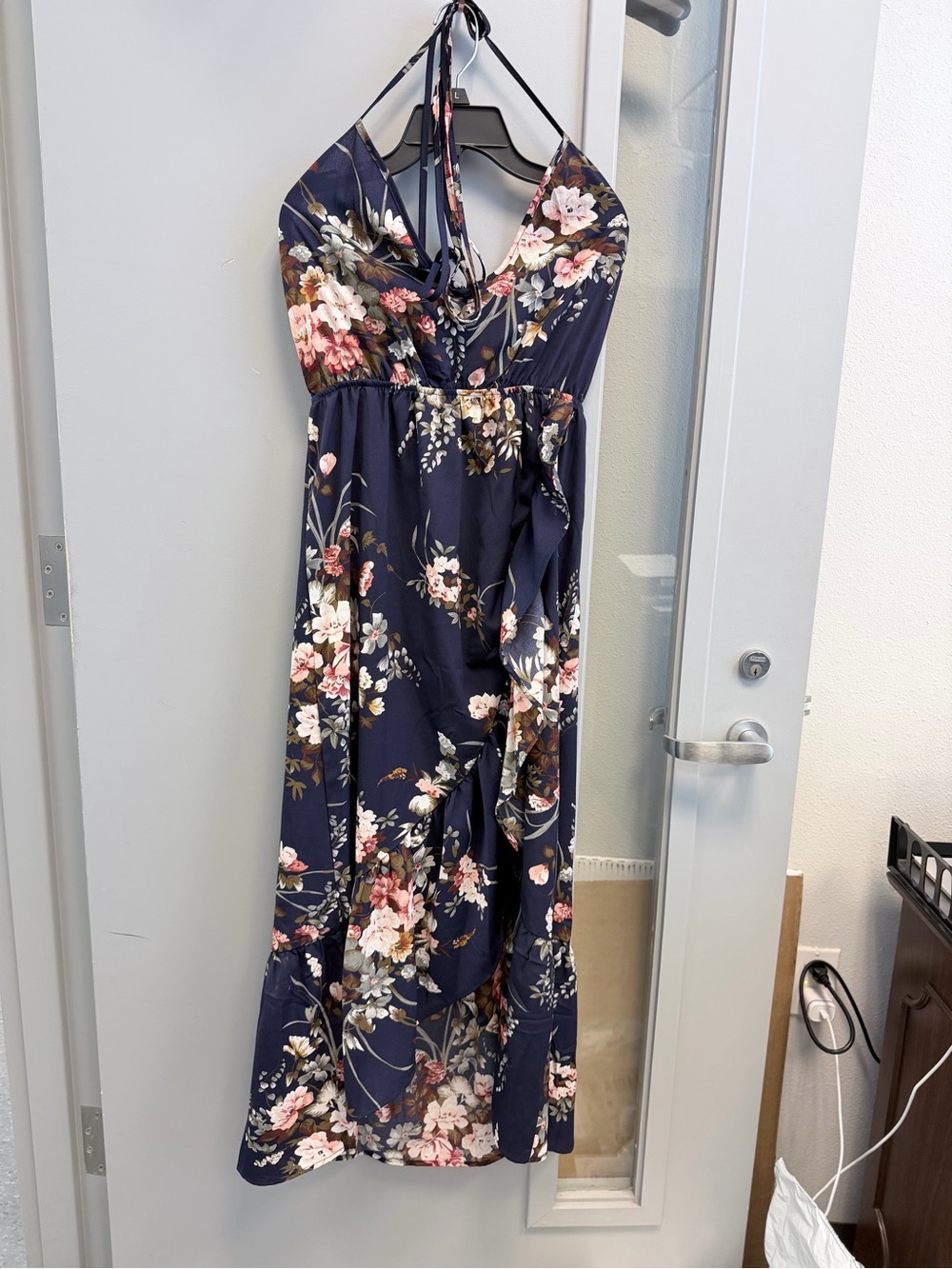 SHEIN Navy Floral Halter Maxi Dress with Pink & Cream Blooms